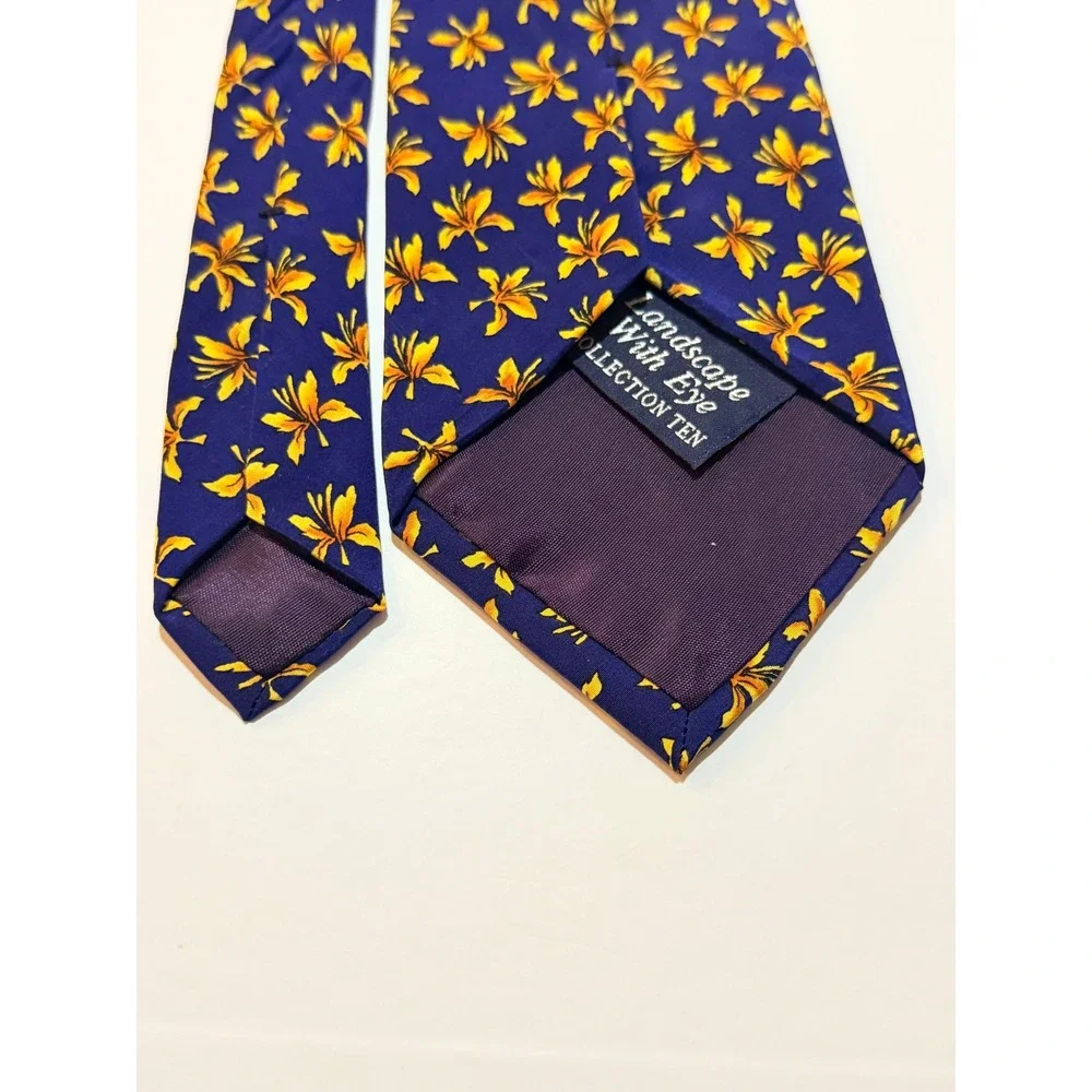 J. Garcia Silk Tie Landscape With Eye Collection Ten Navy Floral Lily Art